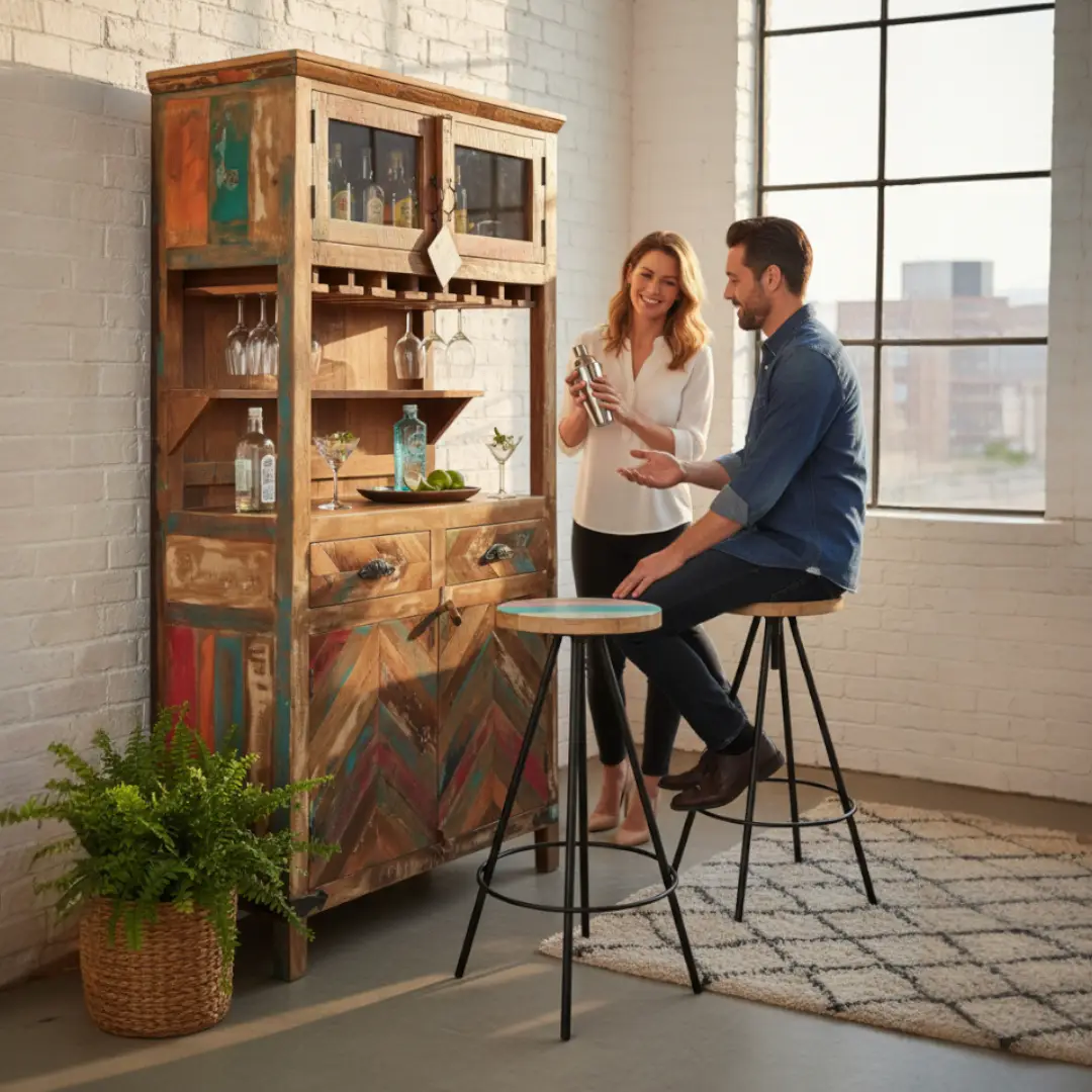 Reclaimed Wood Heritage Bar Hutch – Multicolor Chevron Finish