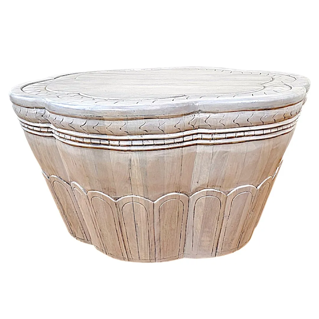 Quatrefoil Carved Artisan Coffee Table (Blanco Marfil)