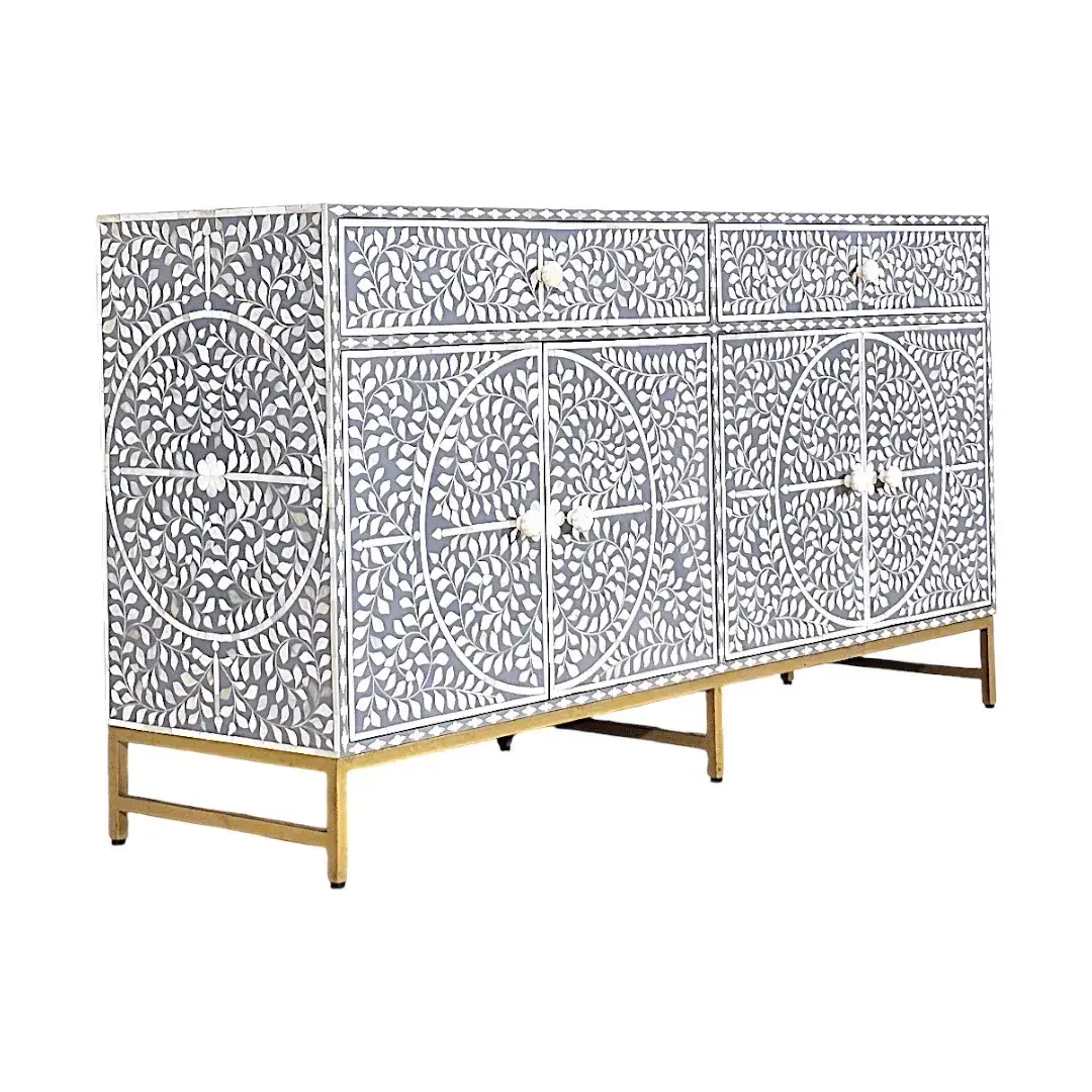 Buffet Floral Gris Luxueux | خزانة جانبية مزخرفة بالزهور الرمادية (Gray Floral Decorated Sideboard)