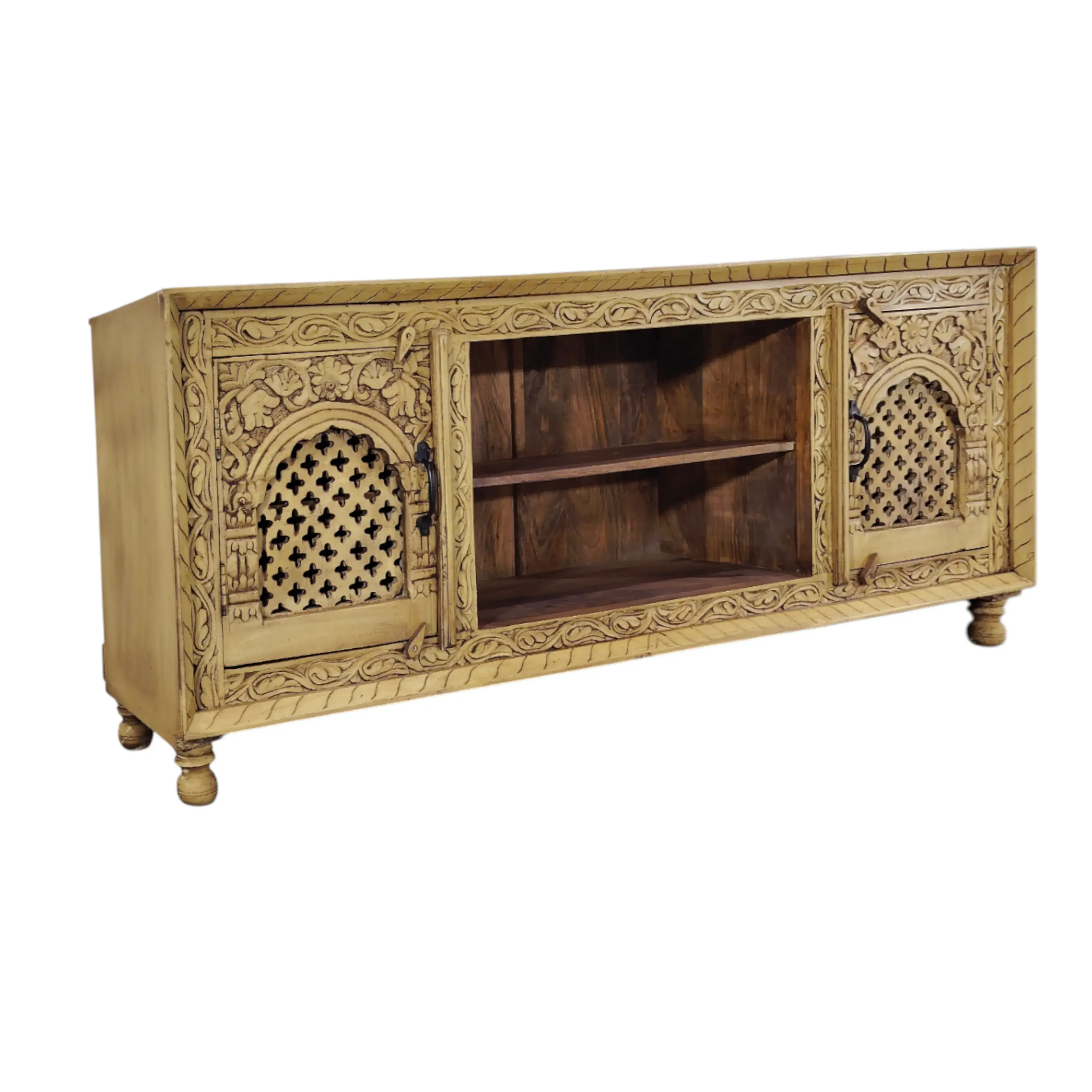 TV bench with intricate hand-carving, natural finish