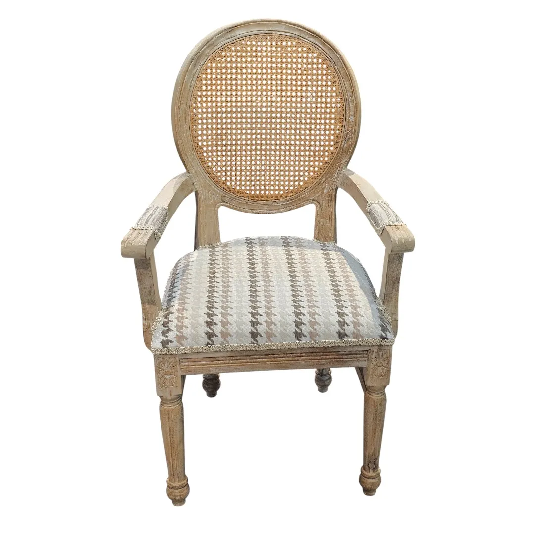 Louis XVI Cane & Linen Accent Chair