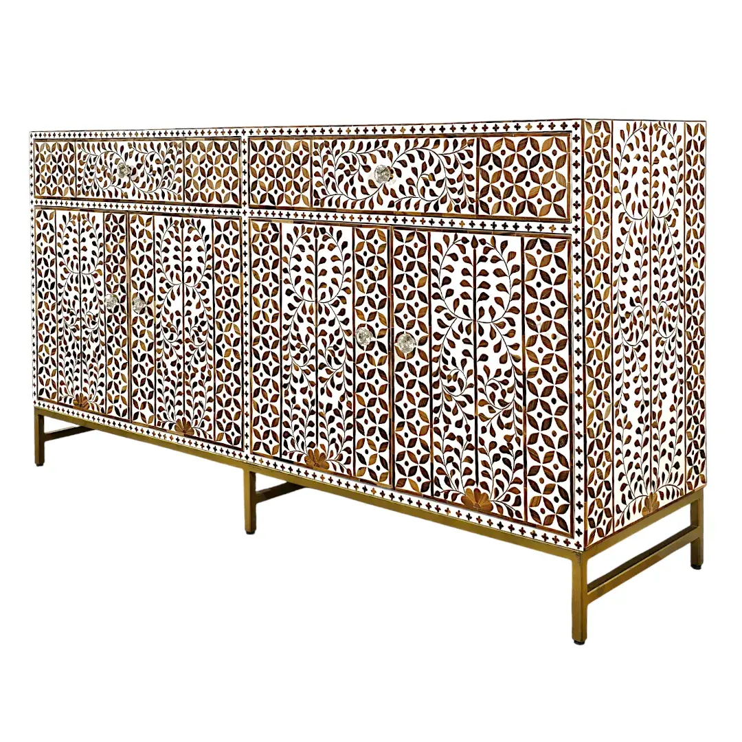 'Seville' Leaf Pattern Teak Inlay Sideboard