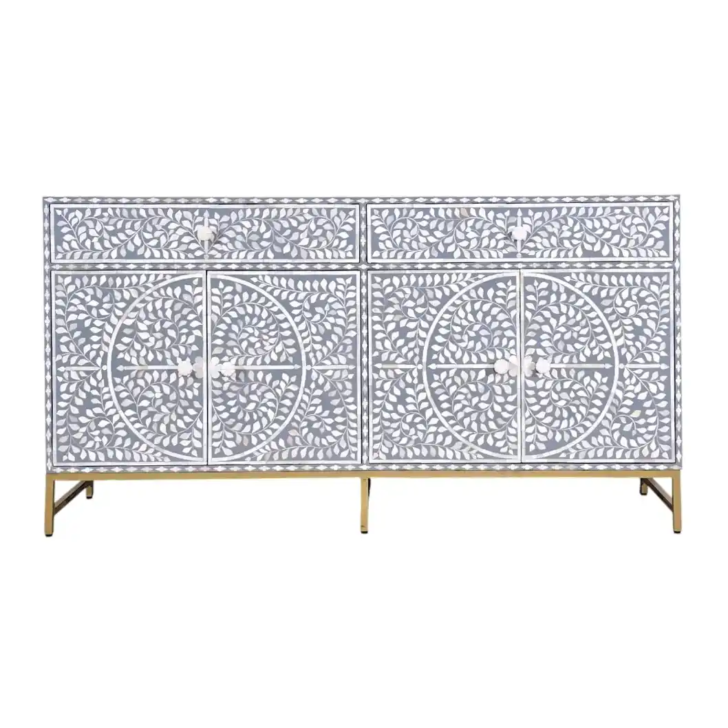 Buffet Floral Gris Luxueux | خزانة جانبية مزخرفة بالزهور الرمادية (Gray Floral Decorated Sideboard)