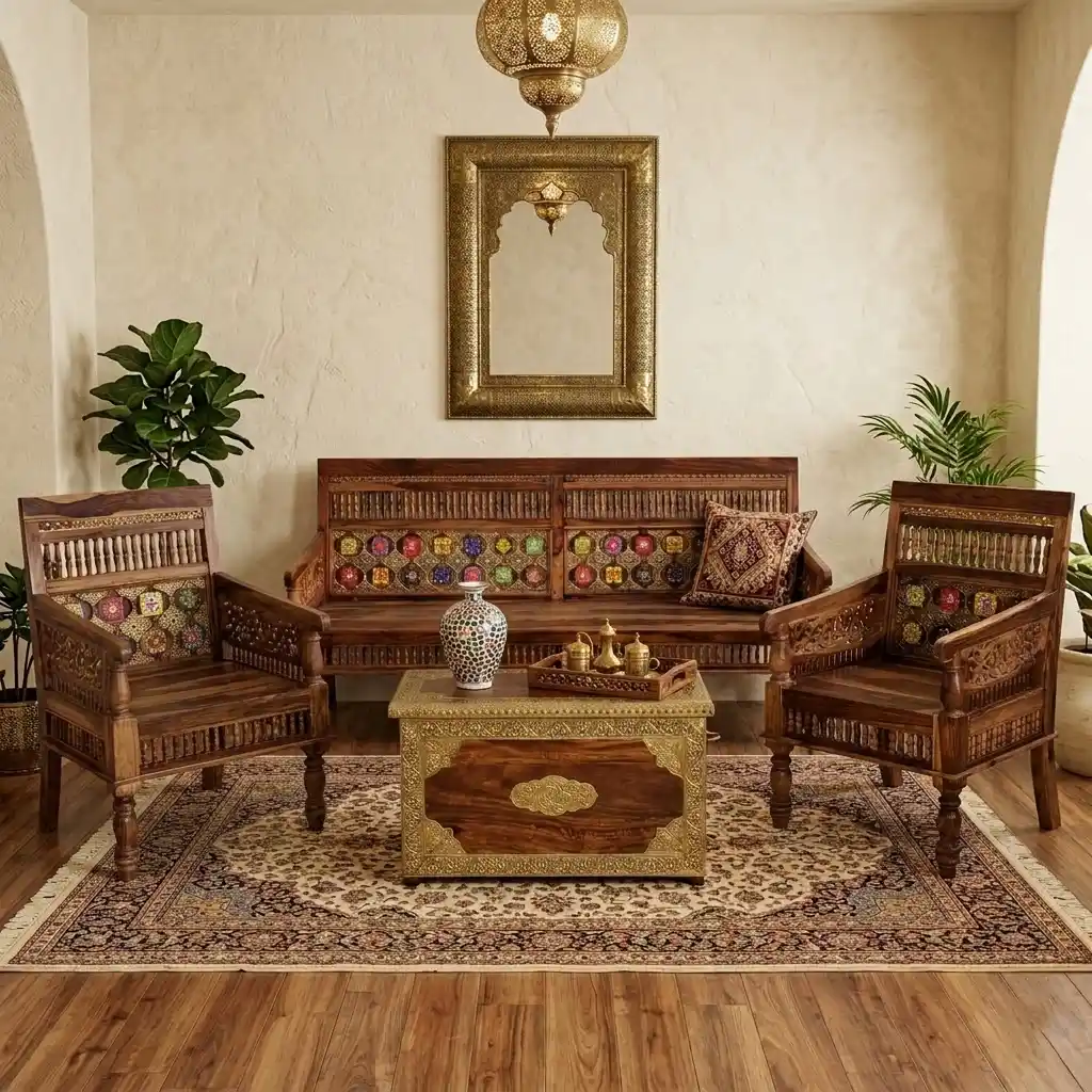 Shah Jahan Rosewood Geometric Sofa & Armchair Set