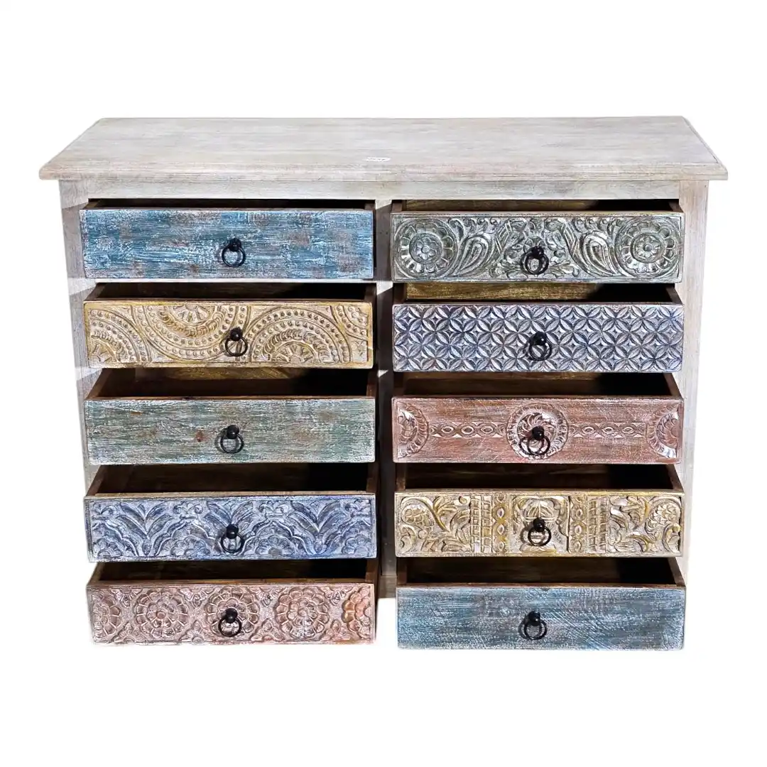 Desert Bloom 10-Drawer Carved Storage Chest