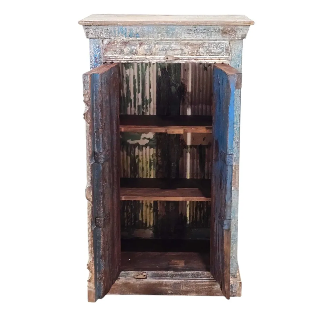 Carved Reclaimed Wood Narrow Cabinet