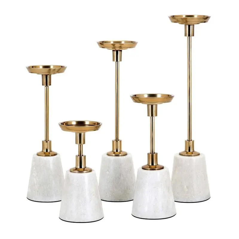 Set of 5 Brass and Marble Pillar Holders