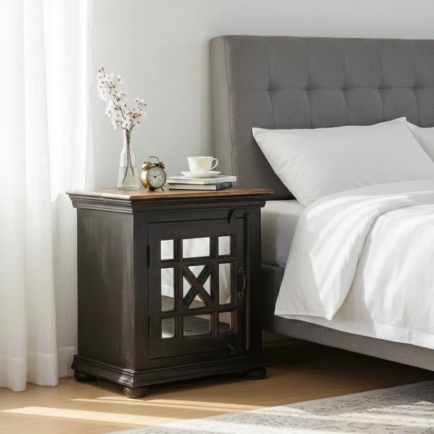 The Ayina-Naqsh Solid Wood Mirrored Bedside Table