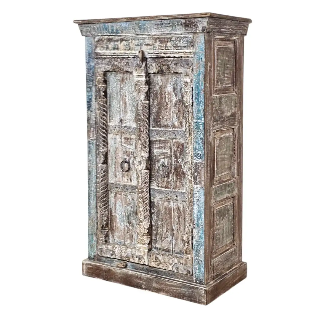 Carved Reclaimed Wood Narrow Cabinet