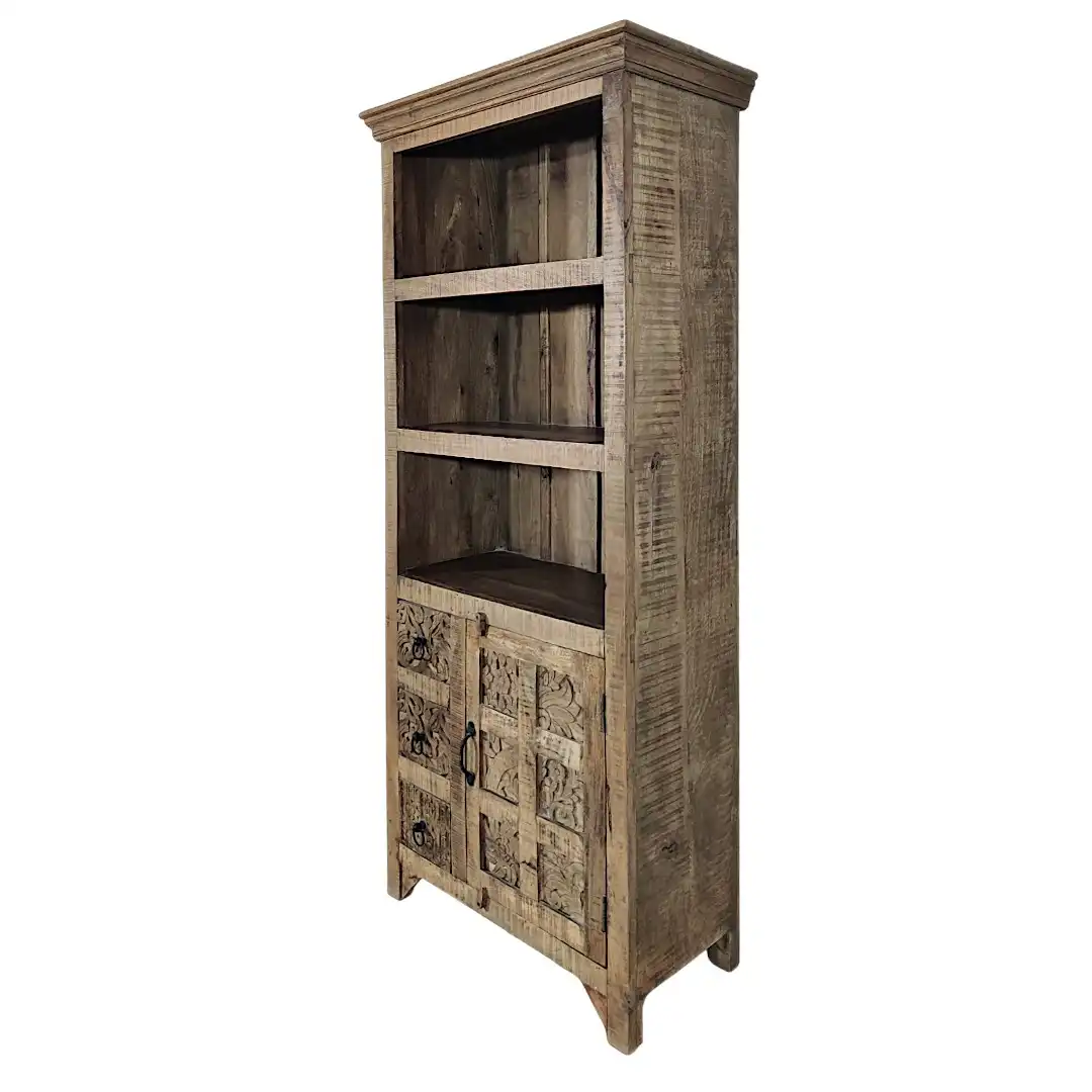 The Avalon Carved Solid Mango Bookcase Cabinet | خزانة كتب أفالون المنحوتة من المانجو