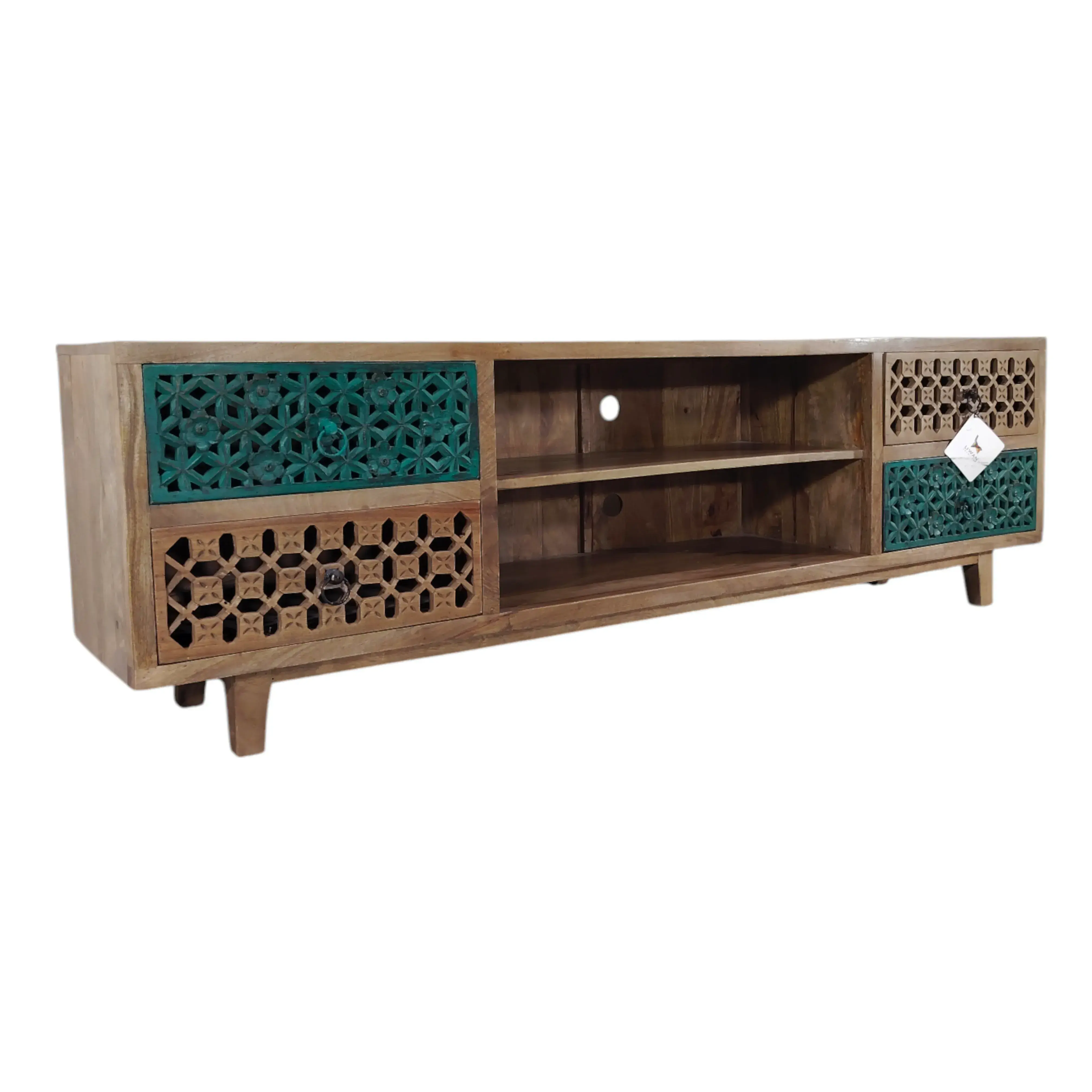 TV bench with patterned panels, natural/green