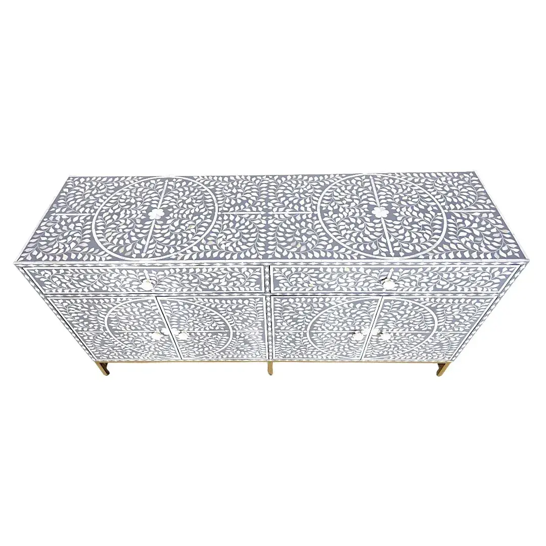 Buffet Floral Gris Luxueux | خزانة جانبية مزخرفة بالزهور الرمادية (Gray Floral Decorated Sideboard)