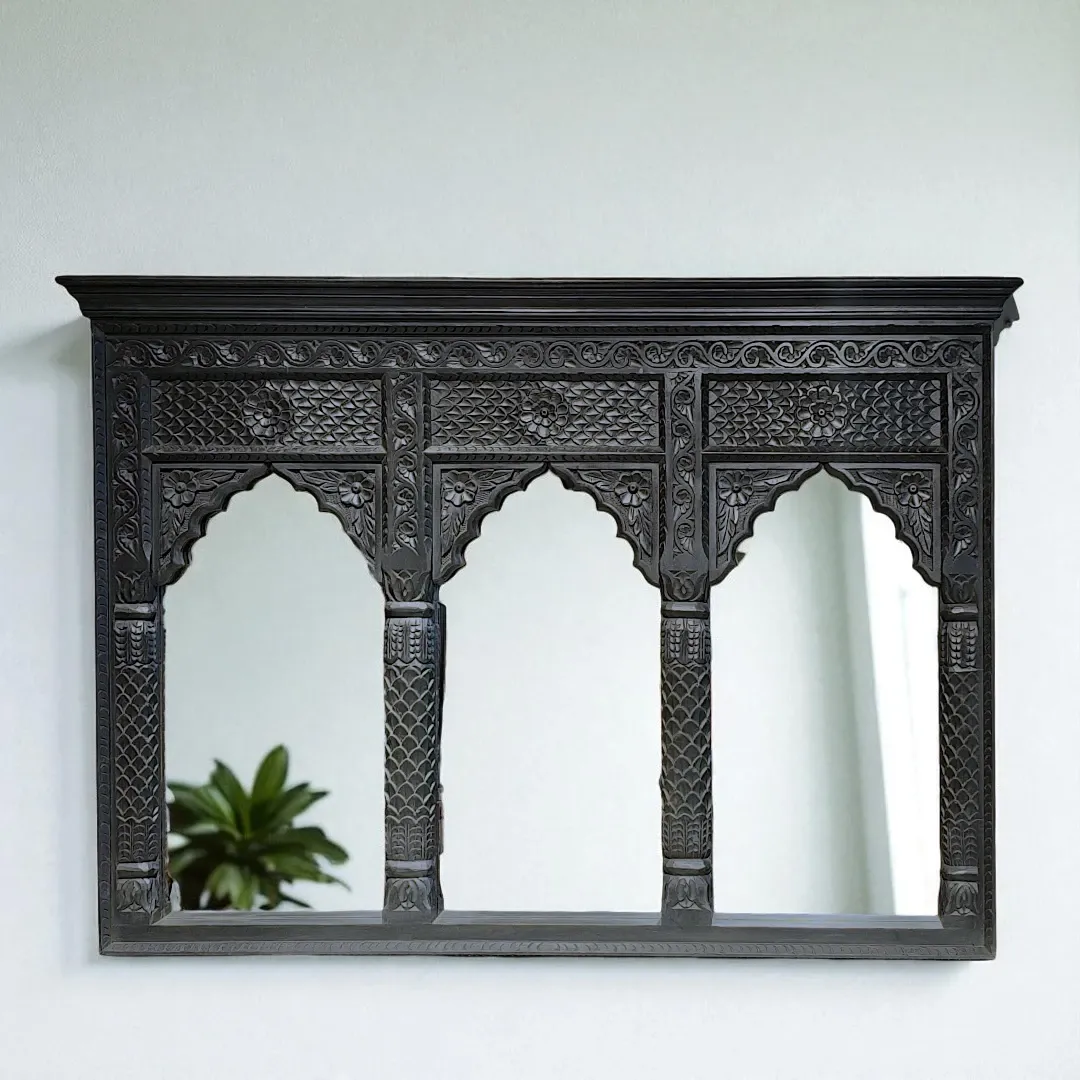 Artisan Crafted Ebony Mango Wood Triple Arch Mirror