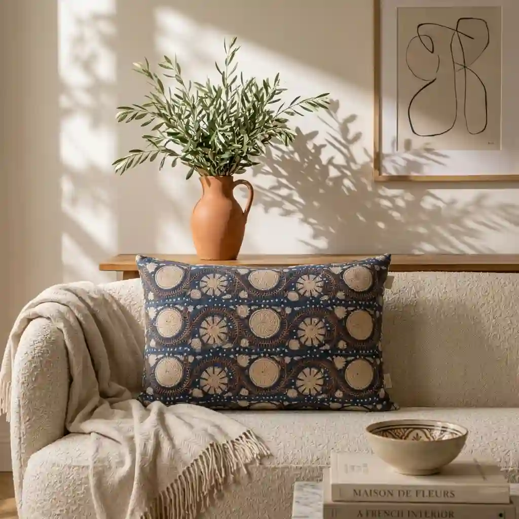The "Zahra Scroll" Hand-Block Medallion Cushion Cover