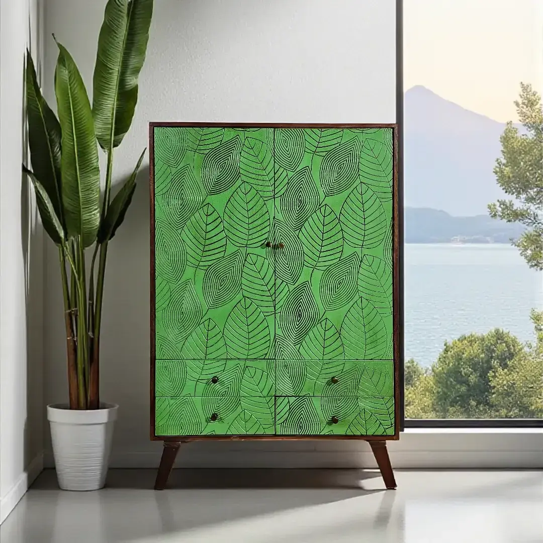 Tropical Leaf Carved Storage Cabinet