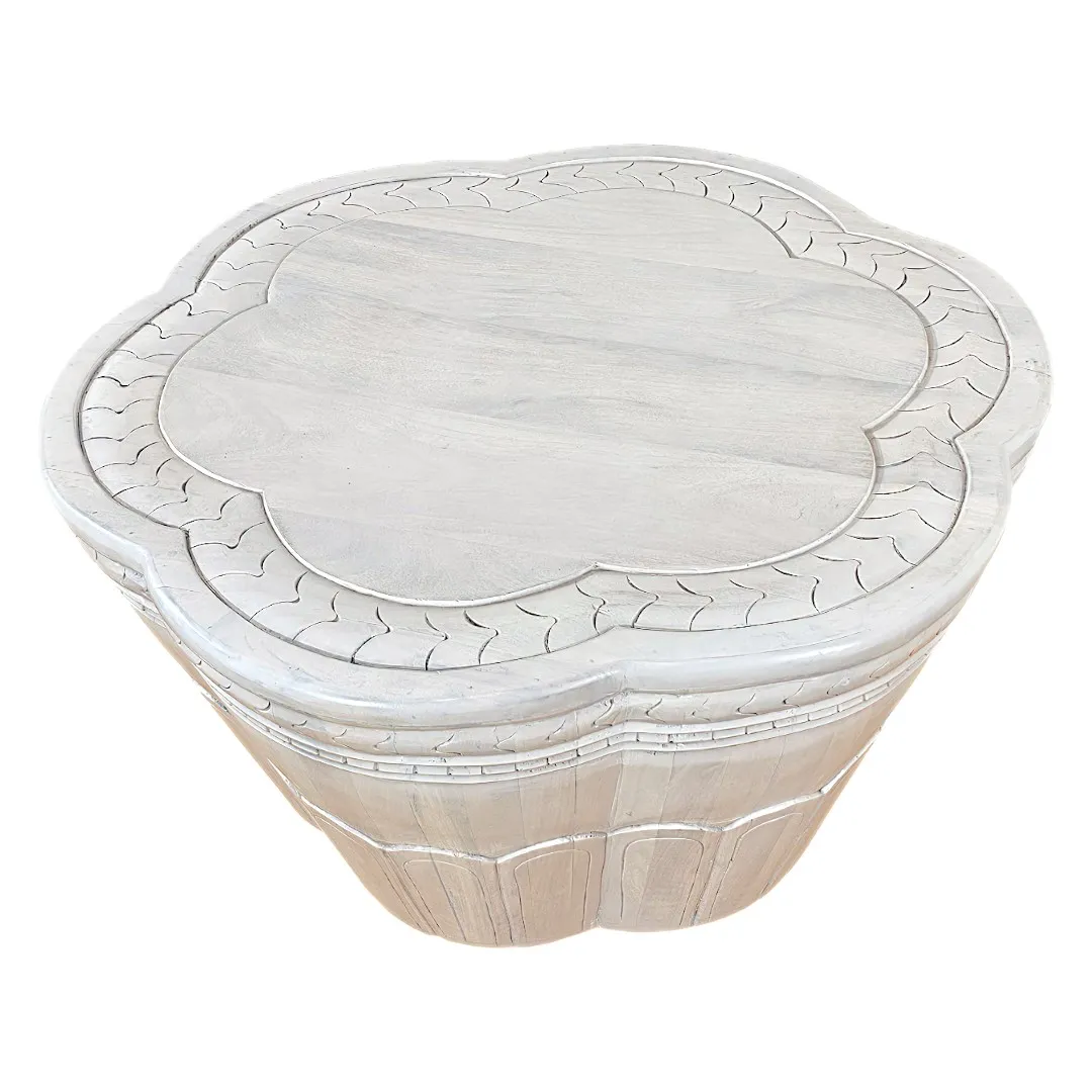 Quatrefoil Carved Artisan Coffee Table (Blanco Marfil)