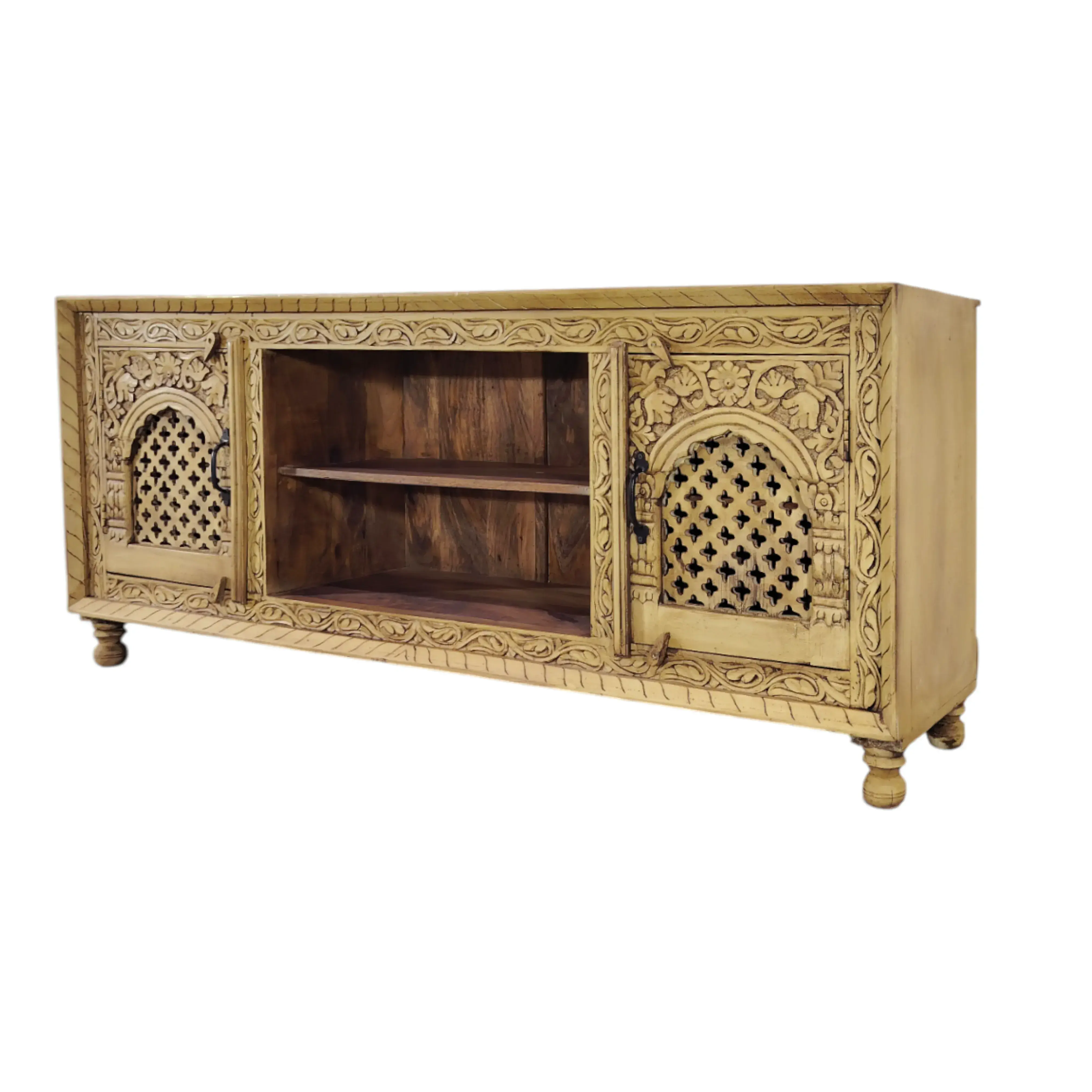 TV bench with intricate hand-carving, natural finish