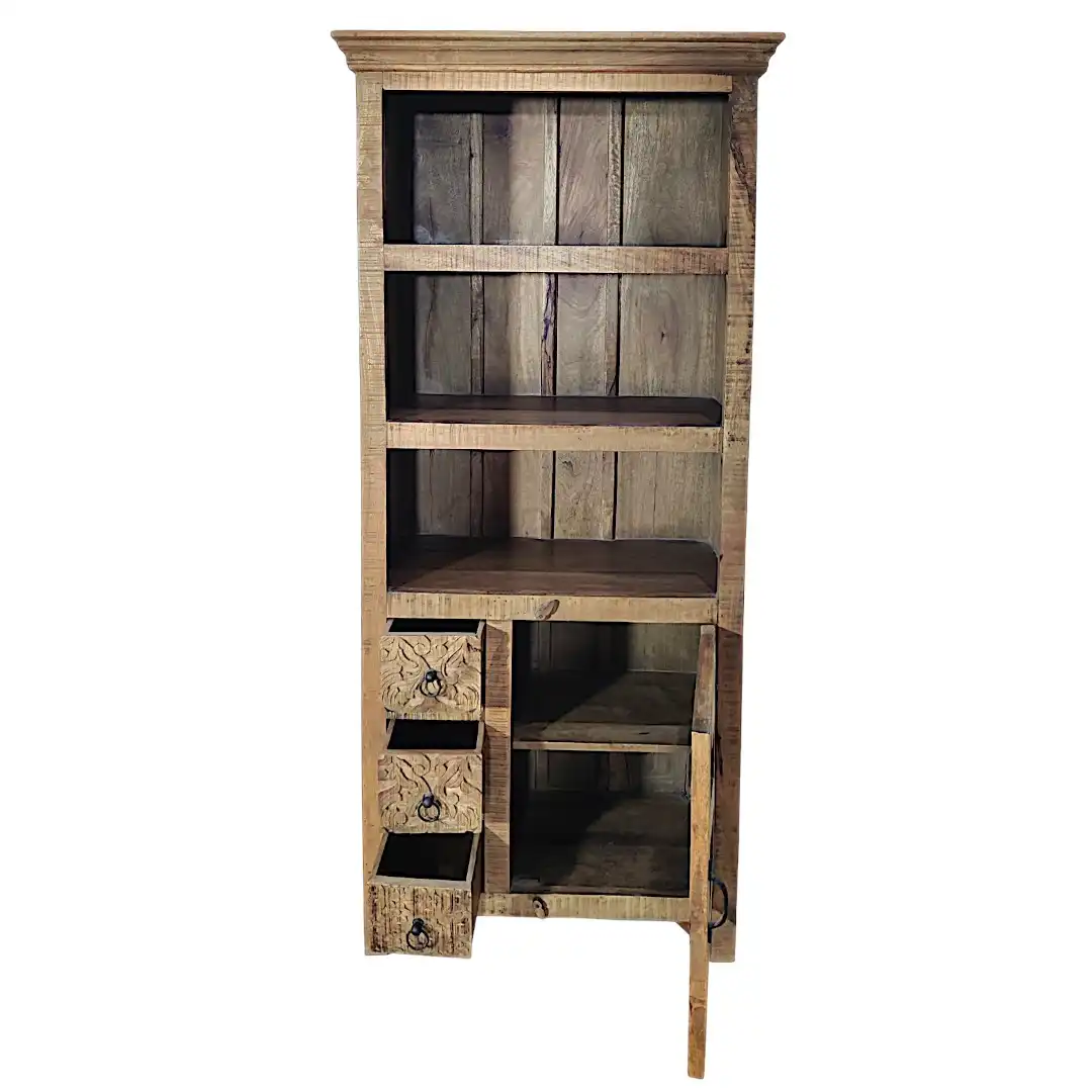 The Avalon Carved Solid Mango Bookcase Cabinet | خزانة كتب أفالون المنحوتة من المانجو