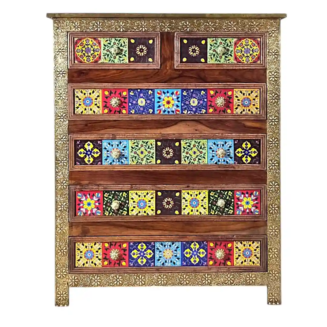 Hand-Inlaid Tile & Brass Rosewood Dresser