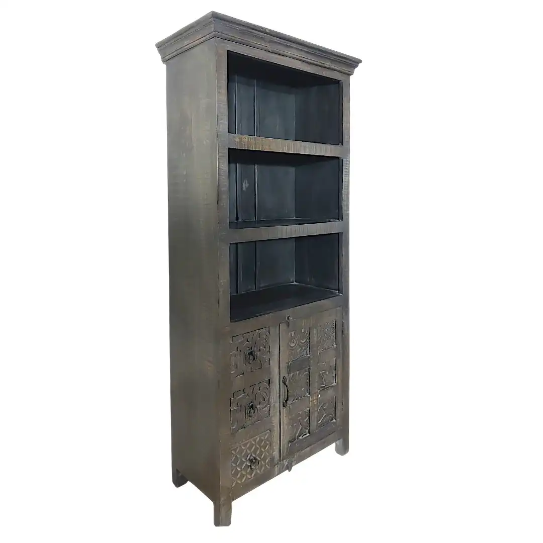 The Avalon Carved Solid Mango Bookcase Cabinet | خزانة كتب أفالون المنحوتة من المانجو