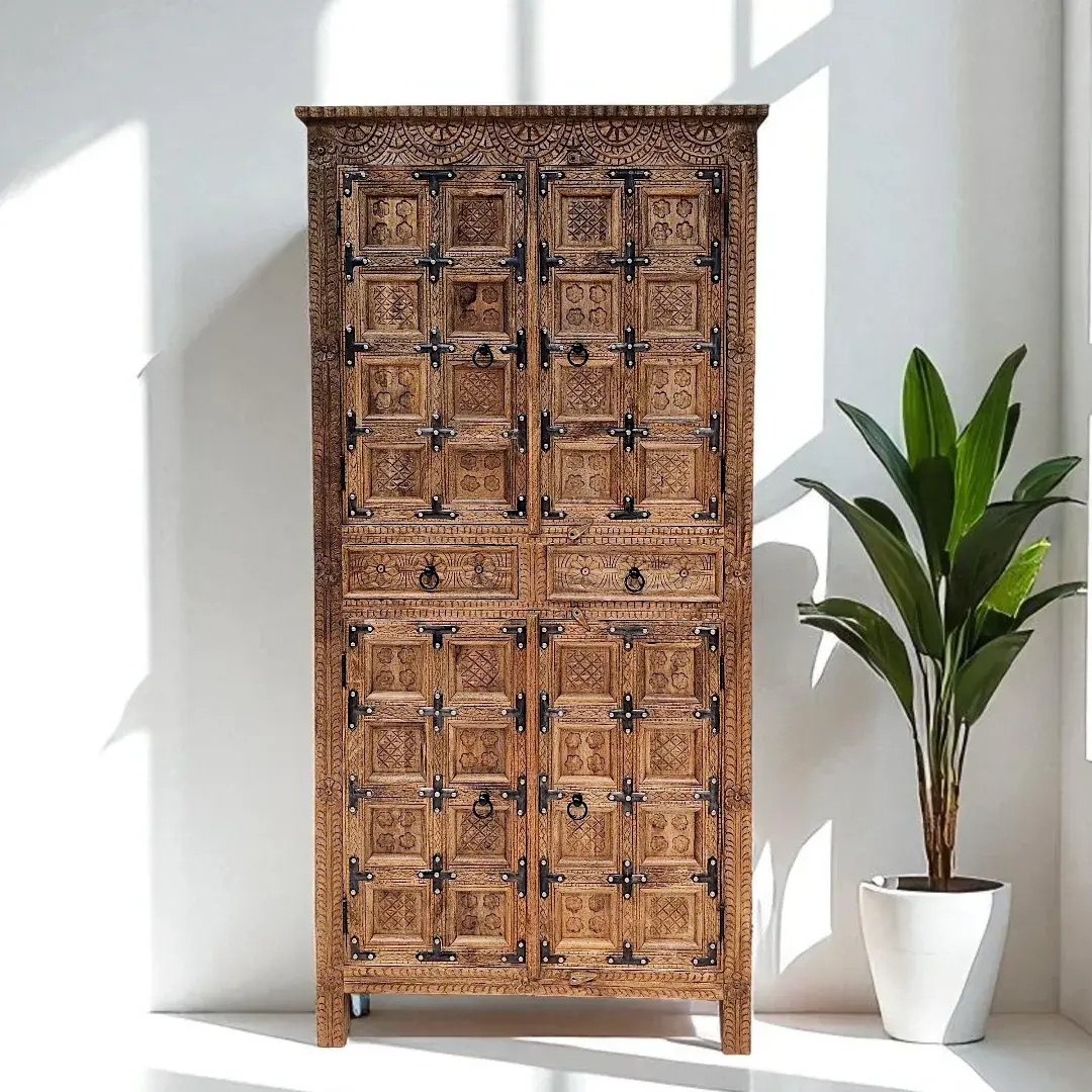 Rustic Carved Solid Wood Cabinet