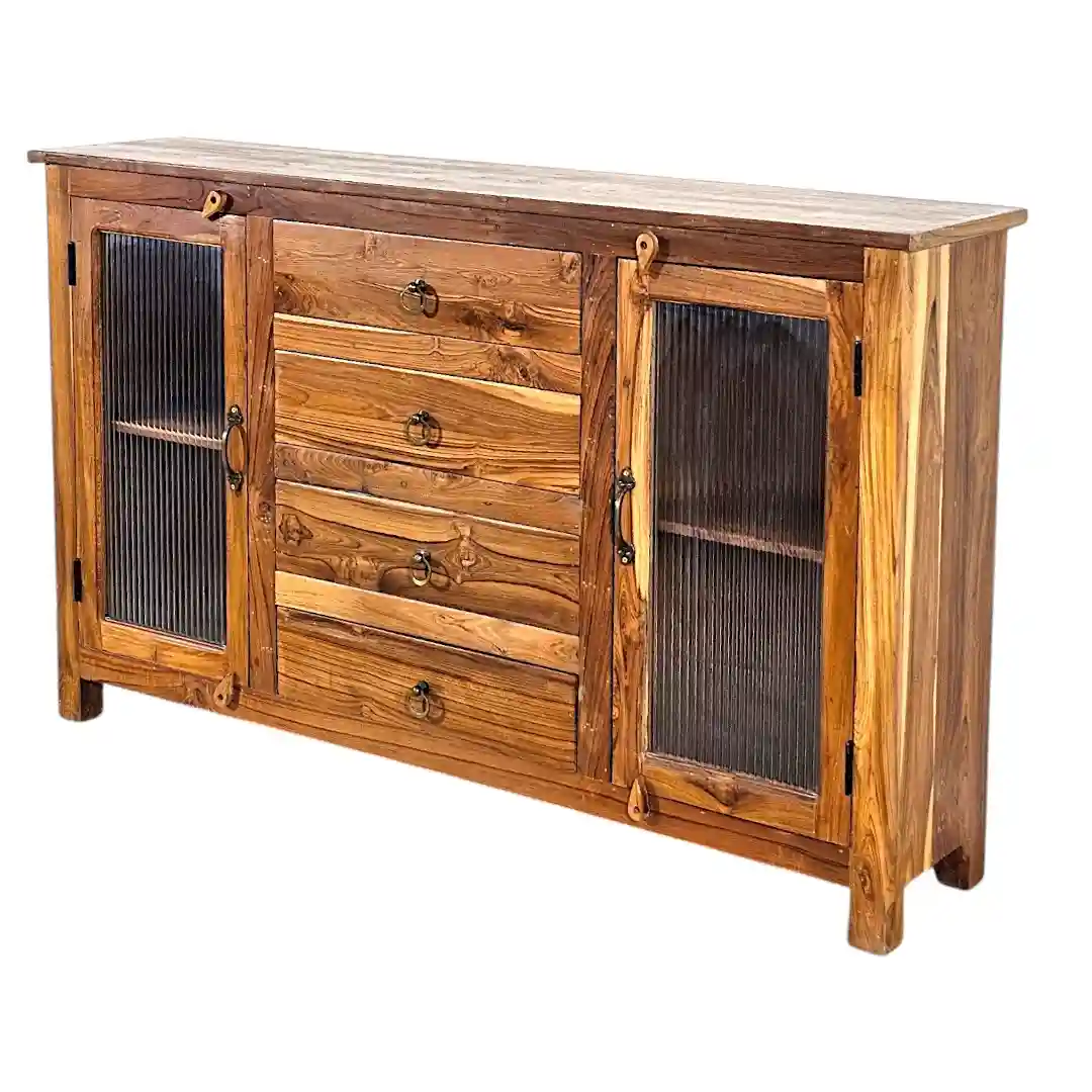 The Malabar Warm Teak and Reeded Glass Sideboard