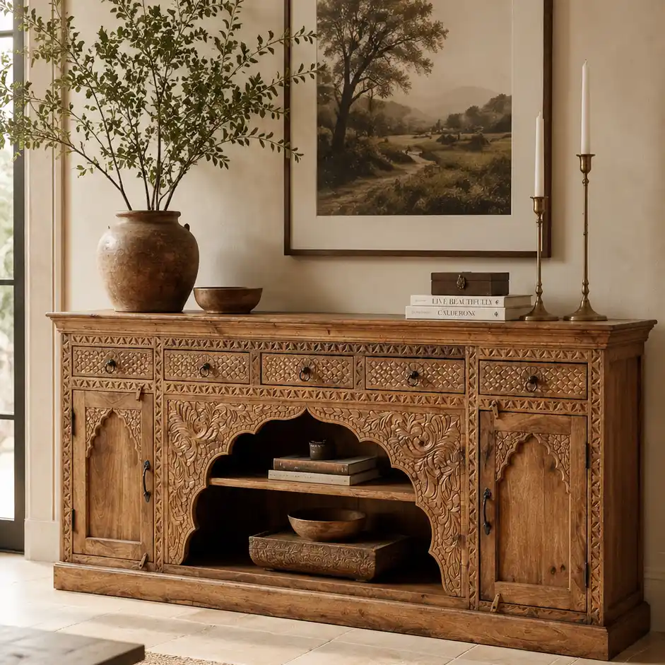 The Agra Mughal Carved Mango Wood Credenza