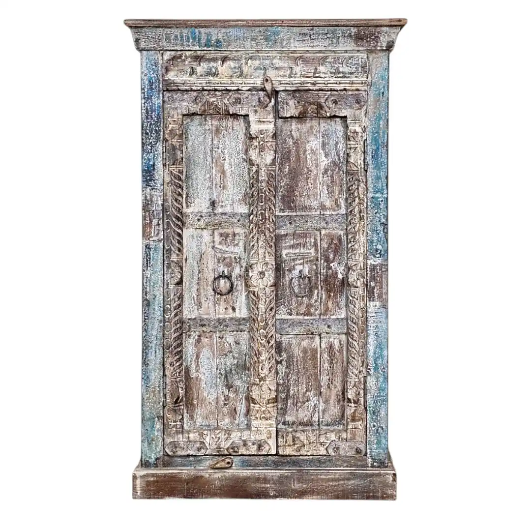 Carved Reclaimed Wood Narrow Cabinet