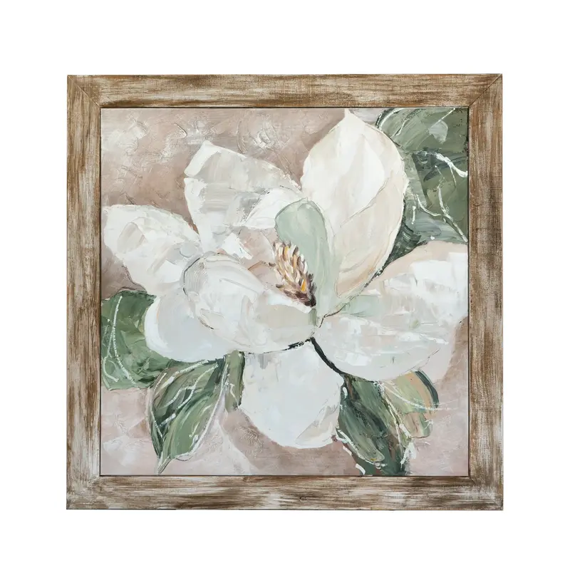 Magnolia Blossom Floral Textured Painting with Wood Look Frame