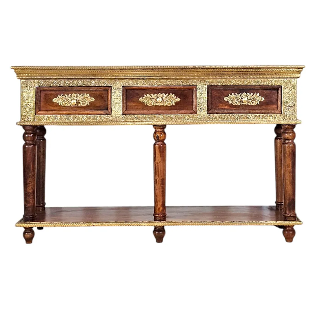 Gul-Dasta Brass & Sheesham 3-Drawer Table