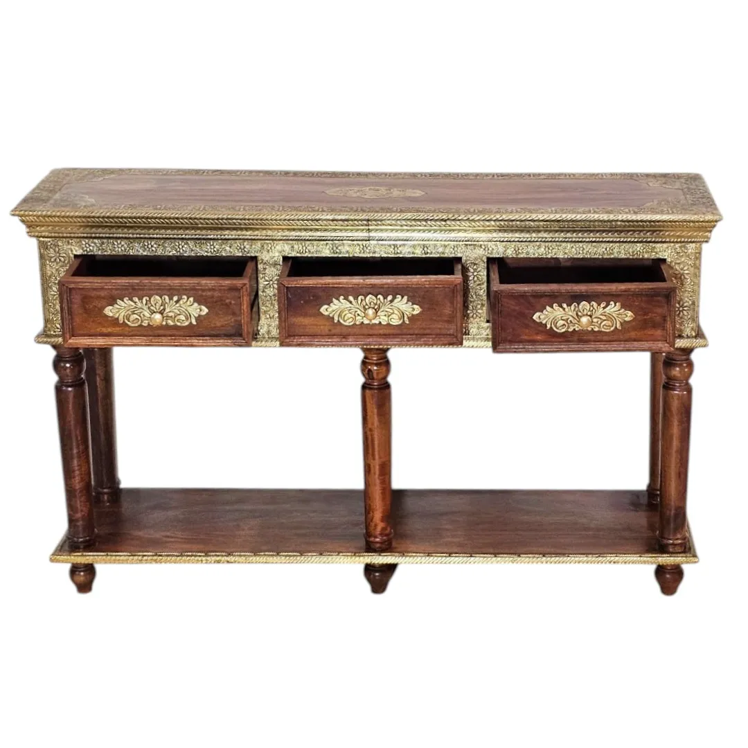 Gul-Dasta Brass & Sheesham 3-Drawer Table