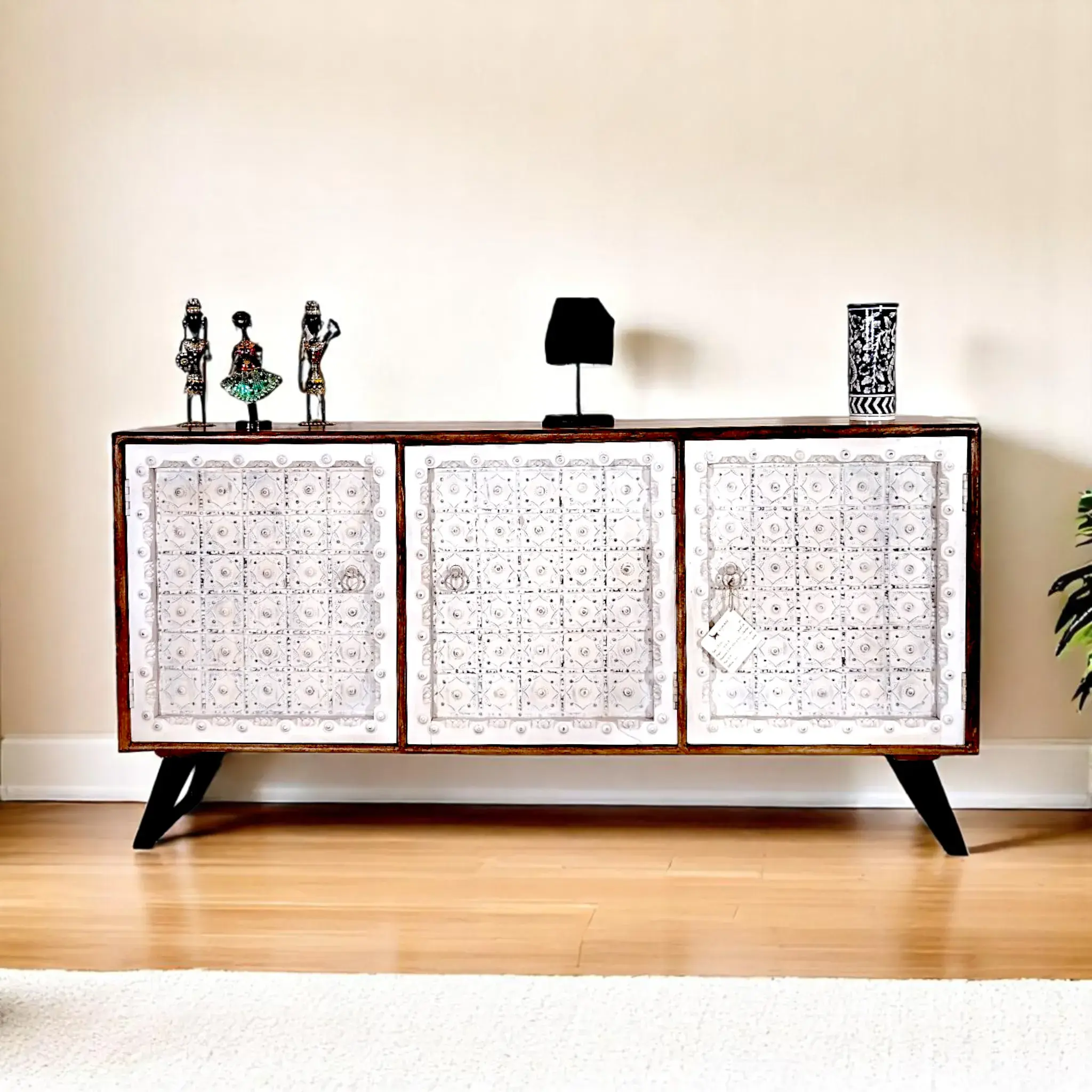 The Kila Embossed Sheet Metal & Mango Wood Credenza