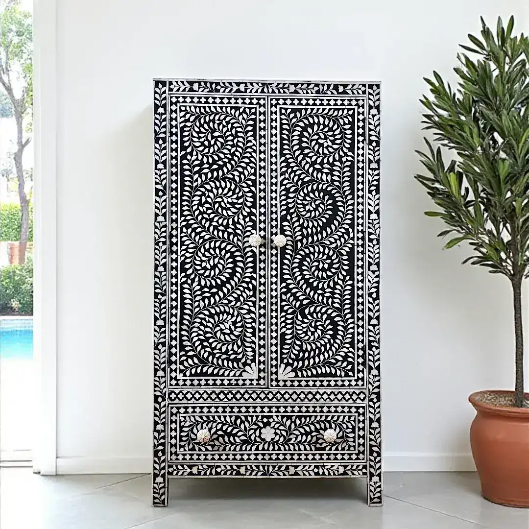 The Liana Scroll Mughal Foliage Inlaid Armoire Cabinet