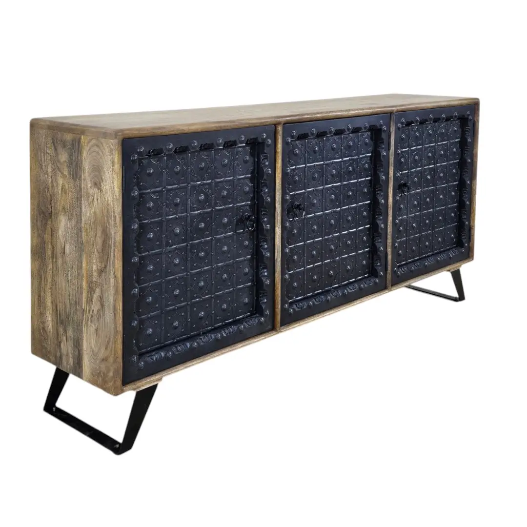 The Kila Embossed Sheet Metal & Mango Wood Credenza
