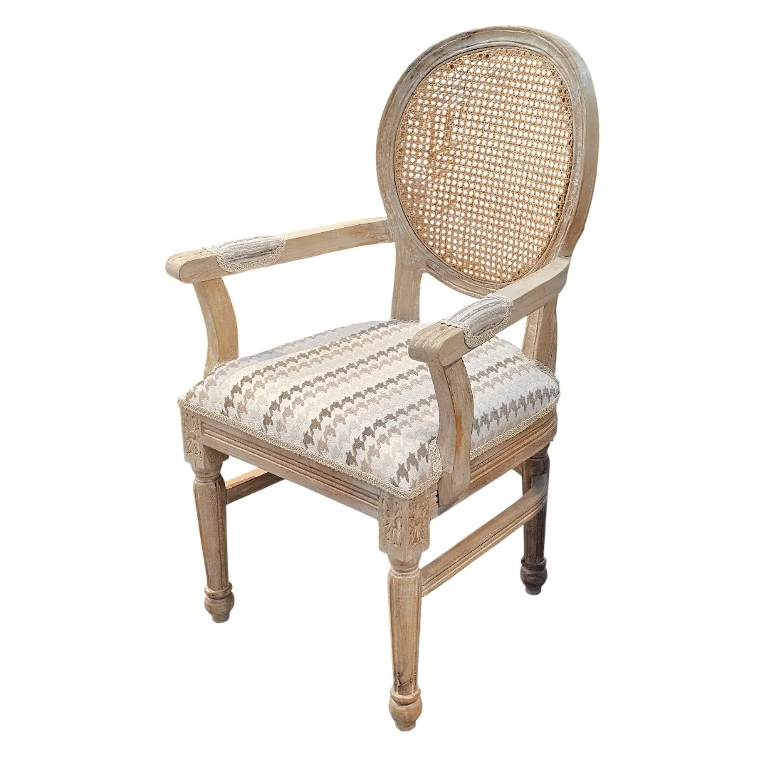 Louis XVI Cane & Linen Accent Chair