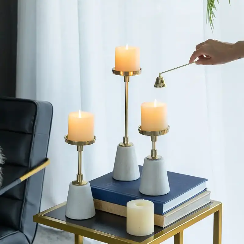 Set of 5 Brass and Marble Pillar Holders