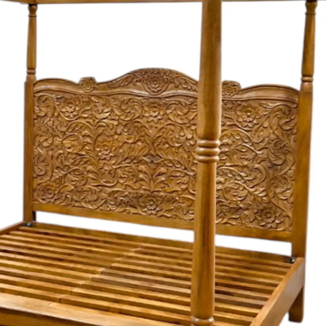 Al-Qasr Majestique Hand-Carved Mango Wood Canopy Bed