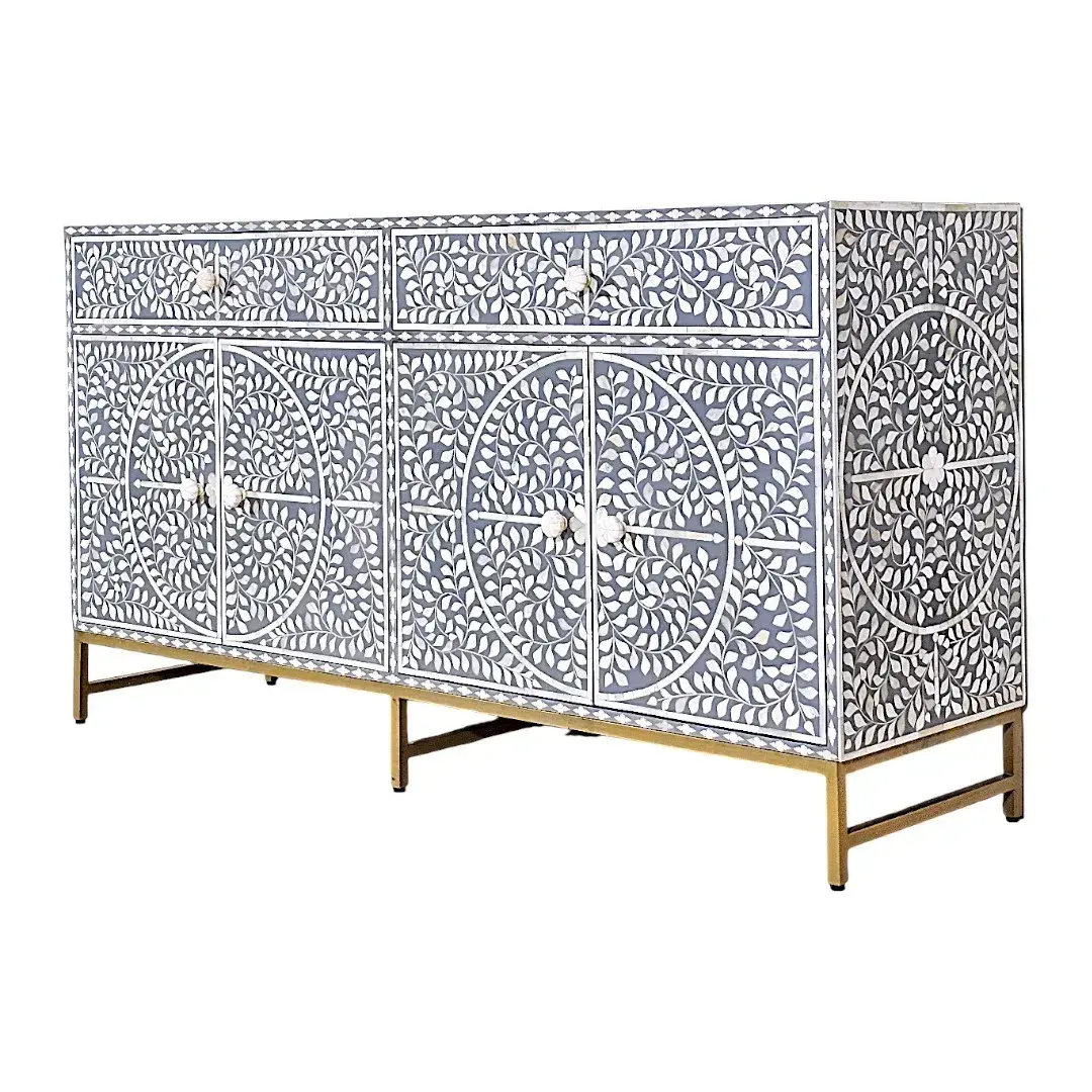 Buffet Floral Gris Luxueux | خزانة جانبية مزخرفة بالزهور الرمادية (Gray Floral Decorated Sideboard)