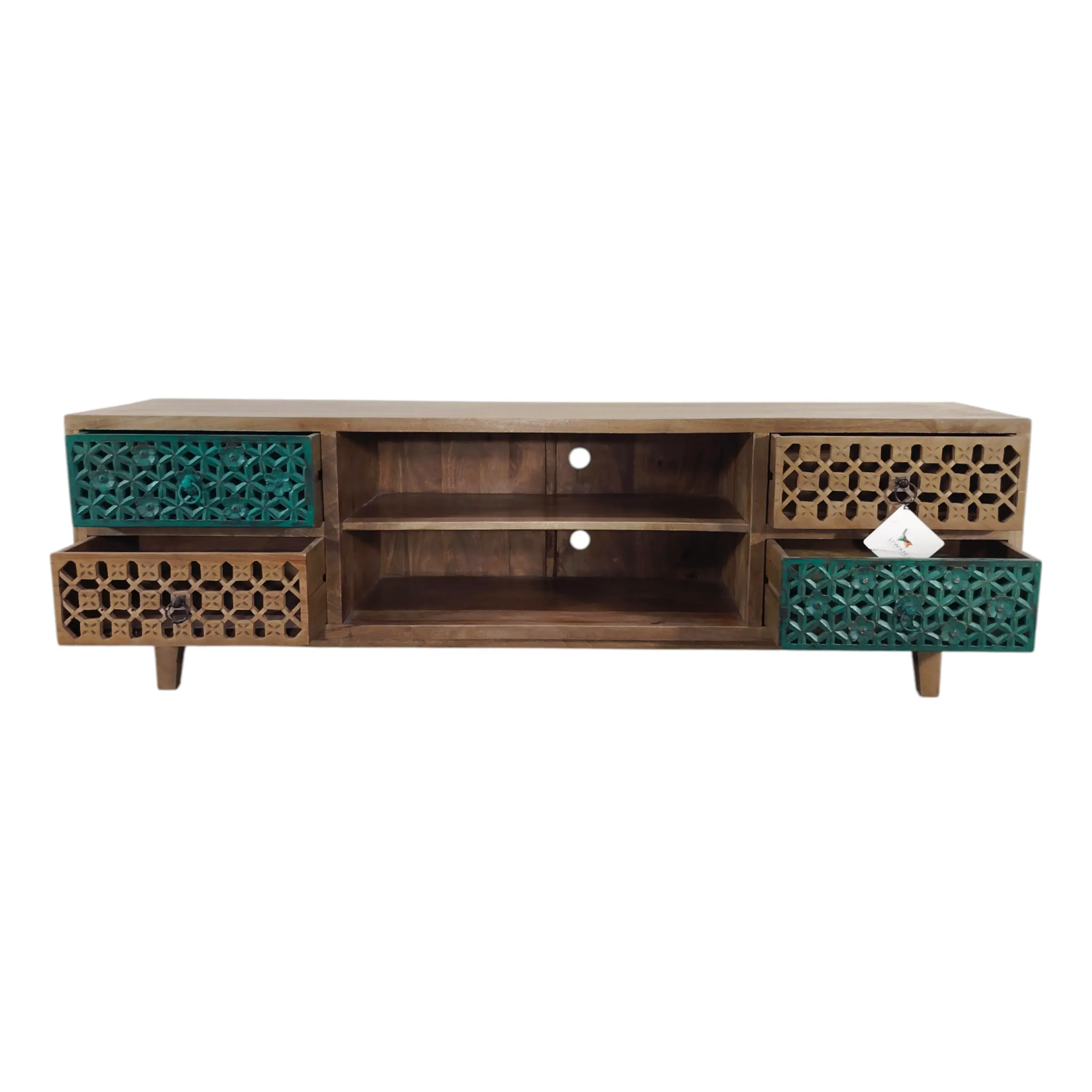 TV bench with patterned panels, natural/green