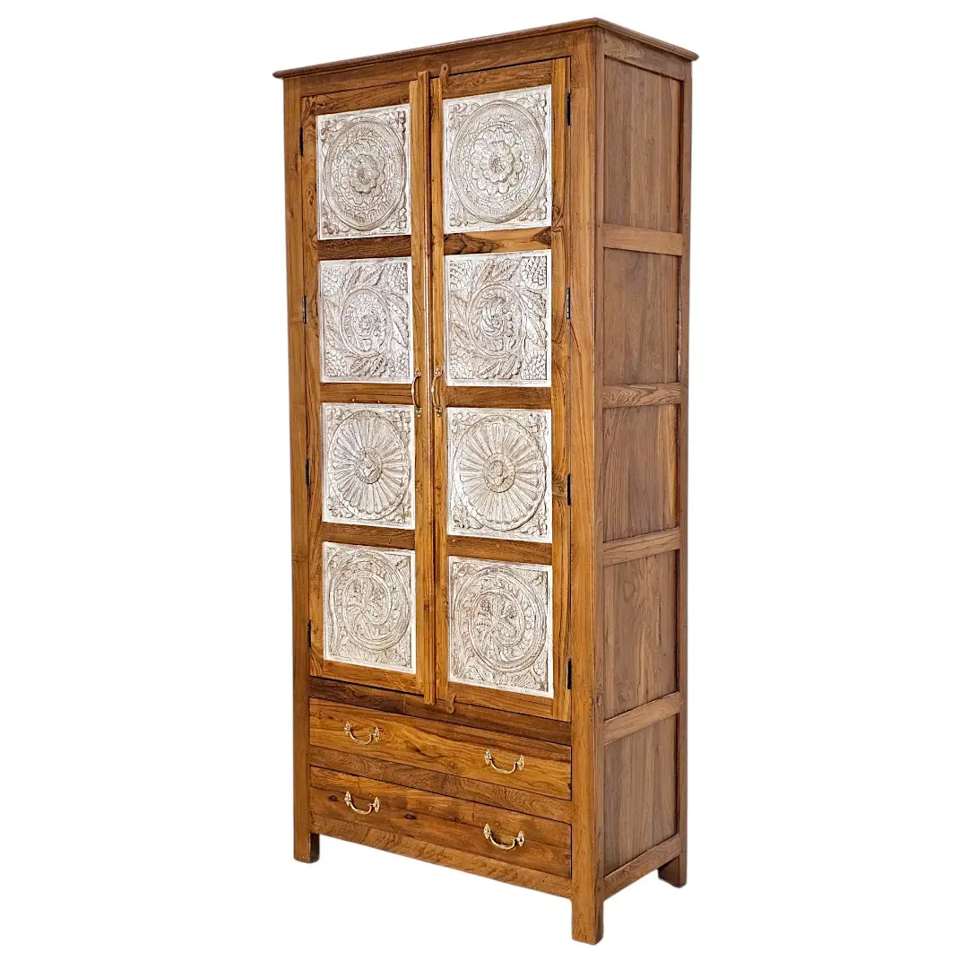 Botanical Relief Teak Armoire