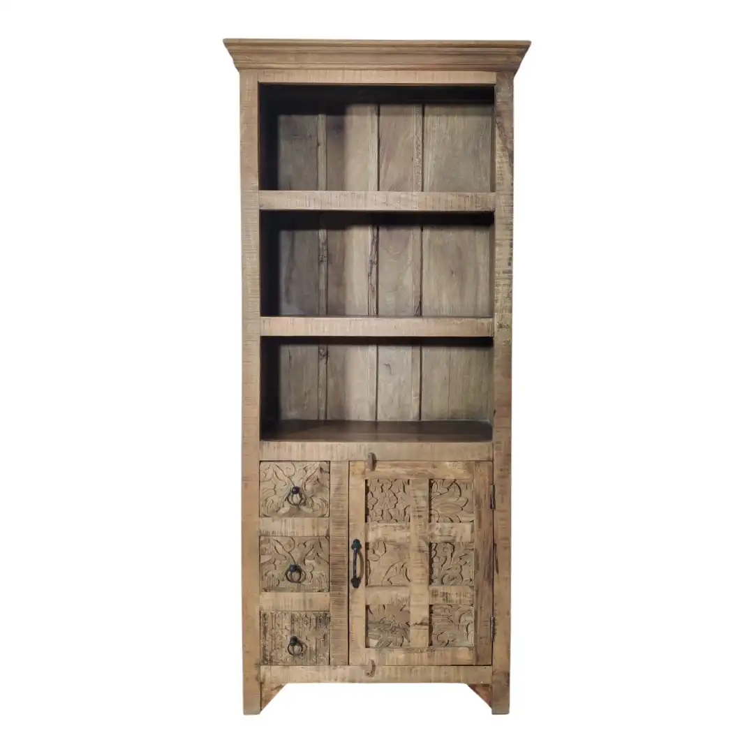 The Avalon Carved Solid Mango Bookcase Cabinet | خزانة كتب أفالون المنحوتة من المانجو